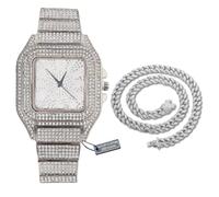 HALUKAKAH Reloj de Oro con Diamantes Iced out,Hombre Chapado en Platino Oro Blanco Esfera con Números Árabes Cuarzo 22cm,con Cadena Cubana Collar 45cm,Viene con Caja de Regalo