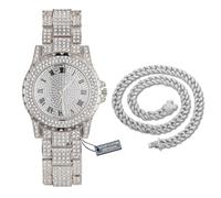 HALUKAKAH Reloj de Oro con Diamantes Iced out,Hombre Chapado en Platino Oro Blanco Esfera Redondo Ancho de 39MM Cuarzo 22,5cm,con Cadena Cubana Collar 45cm,Viene con Caja de Regalo