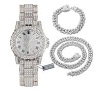 HALUKAKAH Reloj de Oro con Diamantes Iced out,Hombre Chapado en Platino Oro Blanco Esfera Redondo Ancho de 39MM Cuarzo 22,5cm,con Cadenas Cubana Pulsera 20cm + Collar 45cm,Viene con Caja de Regalo