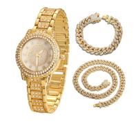 HALUKAKAH Reloj de Oro con Diamantes Iced out para Niños,Adolescentes - Chapado en Oro 18K,Esfera Redondo con Diamantes Gypsophila,Cuarzo Japonés - Longitud 19,5cm - Viene con Cadenas Cubana 18+40cm