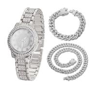 HALUKAKAH Reloj de Oro con Diamantes Iced out para Niños,Adolescentes - Chapado en Platino,Esfera Redondo con Diamantes Gypsophila,Cuarzo Japonés - Longitud 19,5cm - Viene con Cadenas Cubana 18+40cm