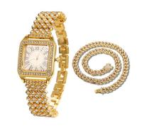 HALUKAKAH Reloj de Oro con Diamantes Iced out para Niños,Adolescentes,Chicos - Chapado en Oro 18K,Esfera Cuadrada con Números Romanos,Cuarzo Japonés - Longitud 19,5cm - Viene con Cadena Cubana 40cm