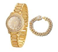 Halukakah Reloj de Oro con Diamantes Iced Out para Niños,Adolescentes,Chicos - Chapado en Oro 18K,Esfera Redondo con Diamantes Gypsophila,Cuarzo Japonés - Longitud 19,5cm -Viene con Cadena Cubana 18cm