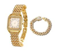 HALUKAKAH Reloj de Oro con Diamantes Iced out para Niños,Adolescentes,Chicos - Chapado en Oro 18K,Esfera Cuadrada con Números Romanos,Cuarzo Japonés - Longitud 19,5cm - Viene con Cadena Cubana 18cm