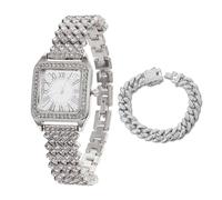 HALUKAKAH Reloj de Oro con Diamantes Iced out para Niños,Adolescentes,Chicos - Chapado en Platino,Esfera Cuadrada con Números Romanos,Cuarzo Japonés - Longitud 19,5cm - Viene con Cadena Cubana 18cm