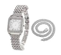 HALUKAKAH Reloj de Oro con Diamantes Iced out para Niños,Adolescentes,Chicos - Chapado en Platino,Esfera Cuadrada con Números Romanos,Cuarzo Japonés - Longitud 19,5cm - Viene con Cadena Cubana 40cm