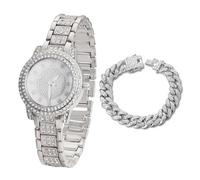 Halukakah Reloj de Oro con Diamantes Iced Out para Niños,Adolescentes,Chicos - Chapado en Platino,Esfera Redondo con Diamantes Gypsophila,Cuarzo Japonés - Longitud 19,5cm -Viene con Cadena Cubana 18cm