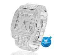 HALUKAKAH Reloj de Oro con Diamantes Moissanite Premium para Hombre - Chapado en Oro Blanco Platino,Resistente Agua,Esfera Cuadrada con Números Romanos,Correa 24cm - Incluye Caja de Regalo