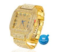 HALUKAKAH Reloj de Oro con Diamantes Moissanite Premium para Hombre - Chapado en Oro Real 18k,Resistente Agua,Esfera Cuadrada con Números Romanos,3 Lados Iced out,Correa 24cm - Incluye Caja de Regalo
