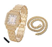 Halukakah Reloj de Oro con Diamantes para Niños, Adolescentes - Chapado en Oro 18K, Esfera Cuadrado 31mm, Cuarzo Japonés - Longitud 20.5cm, con Cadena Cubana 40cm y Herramienta de Ajuste -para Fiestas