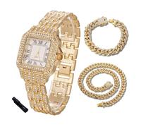 Halukakah Reloj de Oro con Diamantes para Niños,Adolescentes - Chapado en Oro 18K,Esfera Cuadrado 31mm,Cuarzo Japonés - Longitud 20.5cm,con Cadenas Cubana 18+40cm y Herramienta de Ajuste -para Fiestas
