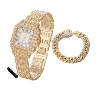 Halukakah Reloj de Oro con Diamantes para Niños, Adolescentes - Chapado en Oro 18K, Esfera Cuadrado 31mm, Cuarzo Japonés - Longitud 20.5cm, con Cadena Cubana 18cm y Herramienta de Ajuste -para Fiestas