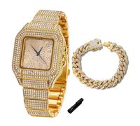 HALUKAKAH Reloj de Oro con Diamantes para Niños,Adolescentes - Chapado en Oro 18K,Esfera Cuadrado con Números Árabes,Cuarzo Japonés - Longitud 18.5cm,con Cadena Cubana 18cm y Herramienta de Ajuste