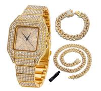 Halukakah Reloj de Oro con Diamantes para Niños,Adolescentes - Chapado en Oro 18K,Esfera Cuadrado con Números Árabes,Cuarzo Japonés - Longitud 18.5cm,con Cadenas Cubana 18+40cm y Herramienta de Ajuste