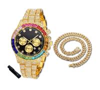 HALUKAKAH Reloj de Oro con Diamantes para Niños, Adolescentes - Chapado en Oro 18K, Esfera Negro 40mm, Cuarzo Japonés - Longitud 18.5cm, con Cadena Cubana 40cm y Herramienta de Ajuste - para Fiestas