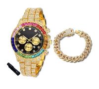 HALUKAKAH Reloj de Oro con Diamantes para Niños, Adolescentes - Chapado en Oro 18K, Esfera Negro 40mm, Cuarzo Japonés - Longitud 18.5cm, con Cadena Cubana 18cm y Herramienta de Ajuste - para Fiestas