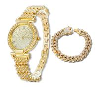 Halukakah Reloj de Oro con Diamantes para Niños, Adolescentes - Chapado en Oro 18K, Esfera Redondo 31mm, Cuarzo Japonés - Longitud 20.5cm, con Cadena Cubana 18cm y Herramienta de Ajuste - para Fiestas
