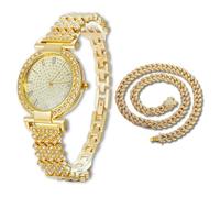 Halukakah Reloj de Oro con Diamantes para Niños, Adolescentes - Chapado en Oro 18K, Esfera Redondo 31mm, Cuarzo Japonés - Longitud 20.5cm, con Cadena Cubana 40cm y Herramienta de Ajuste - para Fiestas
