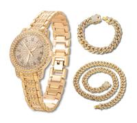 Halukakah Reloj de Oro con Diamantes para Niños,Adolescentes - Chapado en Oro 18K,Esfera Redondo 32mm,Cuarzo Japonés - Longitud 19.5cm,con Cadenas Cubana 18+40cm y Herramienta de Ajuste - para Fiestas