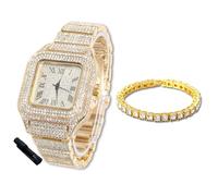 HALUKAKAH Reloj de Oro con Diamantes para Niños,Adolescentes - Chapado en Oro 18K,Esfera Redondo 40mm,Cuarzo Japonés - Longitud 18.5cm,con Cadena de Tenis 18cm y Herramienta de Ajuste - para Fiestas