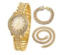 Halukakah Reloj de Oro con Diamantes para Niños,Adolescentes - Chapado en Oro 18K,Esfera Redondo con Números Árabes,Cuarzo Japonés - Longitud 19.5cm,con Cadenas Cubana 18+40cm -para Cumpleaños,Fiestas
