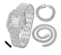 Halukakah Reloj de Oro con Diamantes para Niños,Adolescentes - Chapado en Platino,Esfera Cuadrado 31mm,Cuarzo Japonés -Longitud 20.5cm,con Cadenas Cubana 18+40cm y Herramienta de Ajuste - para Fiestas