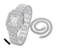 Halukakah Reloj de Oro con Diamantes para Niños, Adolescentes - Chapado en Platino, Esfera Cuadrado 31mm, Cuarzo Japonés - Longitud 20.5cm, con Cadena Cubana 40cm y Herramienta de Ajuste -para Fiestas