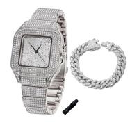 HALUKAKAH Reloj de Oro con Diamantes para Niños,Adolescentes - Chapado en Platino,Esfera Cuadrado con Números Árabes,Cuarzo Japonés - Longitud 18.5cm,con Cadena Cubana 18cm y Herramienta de Ajuste