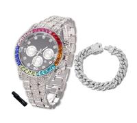 HALUKAKAH Reloj de Oro con Diamantes para Niños, Adolescentes - Chapado en Platino, Esfera Negro 40mm, Cuarzo Japonés - Longitud 18.5cm, con Cadena Cubana 18cm y Herramienta de Ajuste - para Fiestas