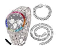 Halukakah Reloj de Oro con Diamantes para Niños, Adolescentes - Chapado en Platino, Esfera Negro 40mm, Cuarzo Japonés -Longitud 18.5cm, con Cadenas Cubana 18+40cm y Herramienta de Ajuste -para Fiestas
