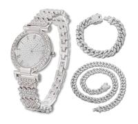HALUKAKAH Reloj de Oro con Diamantes para Niños,Adolescentes - Chapado en Platino,Esfera Redondo 31mm,Cuarzo Japonés -Longitud 20.5cm,con Cadenas Cubana 18+40cm y Herramienta de Ajuste - para Fiestas