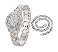 Halukakah Reloj de Oro con Diamantes para Niños, Adolescentes - Chapado en Platino, Esfera Redondo 32mm, Cuarzo Japonés - Longitud 19.5cm, con Cadena Cubana 40cm y Herramienta de Ajuste - para Fiestas
