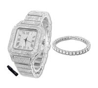 HALUKAKAH Reloj de Oro con Diamantes para Niños,Adolescentes - Chapado en Platino,Esfera Redondo 40mm,Cuarzo Japonés - Longitud 18.5cm,con Cadena de Tenis 18cm y Herramienta de Ajuste - para Fiestas