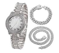 Halukakah Reloj de Oro con Diamantes para Niños,Adolescentes - Chapado en Platino,Esfera Redondo con Números Árabes,Cuarzo Japonés - Longitud 19.5cm,con Cadenas Cubana 18+40cm -para Cumpleaños,Fiestas