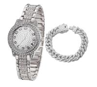 HALUKAKAH Reloj de Oro con Diamantes para Niños,Adolescentes - Chapado en Platino,Esfera Redondo con Números Árabes,Cuarzo Japonés - Longitud 19.5cm,con Cadena Cubana 18cm - para Cumpleaños,Fiestas