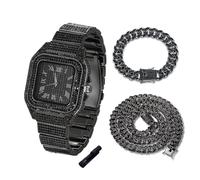 Halukakah Reloj de Oro con Diamantes para Niños, Adolescentes, Chicos - Chapado en Negro Rodio, Esfera Cuadrada 40mm, Cuarzo Japonés - Longitud 20cm, con Cadenas Cubana 18+40cm y Herramienta de Ajuste