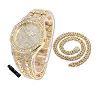 HALUKAKAH Reloj de Oro con Diamantes para Niños, Adolescentes, Chicos - Chapado en Oro 18K, Esfera Octágono 41mm, Cuarzo Japonés - Longitud 19cm, con Cadena Cubana 40cm y Herramienta de Ajuste