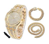 HALUKAKAH Reloj de Oro con Diamantes para Niños, Adolescentes, Chicos - Chapado en Oro 18K, Esfera Octágono 41mm, Cuarzo Japonés - Longitud 19cm, con Cadenas Cubana 18+40cm y Herramienta de Ajuste