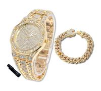 HALUKAKAH Reloj de Oro con Diamantes para Niños, Adolescentes, Chicos - Chapado en Oro 18K, Esfera Octágono 41mm, Cuarzo Japonés - Longitud 19cm, con Cadena Cubana 18cm y Herramienta de Ajuste