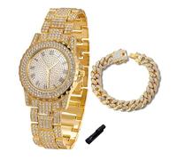 HALUKAKAH Reloj de Oro con Diamantes para Niños, Adolescentes, Chicos - Chapado en Oro 18K, Esfera Redondo 39mm, Cuarzo Japonés - Longitud 19cm, con Cadena Cubana 18cm y Herramienta de Ajuste