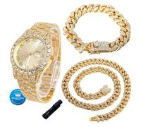 HALUKAKAH Reloj de Oro con Diamantes para Niños, Adolescentes, Chicos - Chapado en Oro 18K, Esfera Redonda 42mm, Cuarzo Japonés - Longitud 20cm, con Cadenas Cubana 18+40cm y Herramienta de Ajuste