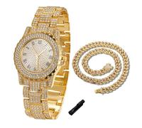 HALUKAKAH Reloj de Oro con Diamantes para Niños, Adolescentes, Chicos - Chapado en Oro 18K, Esfera Redondo 39mm, Cuarzo Japonés - Longitud 19cm, con Cadena Cubana 40cm y Herramienta de Ajuste