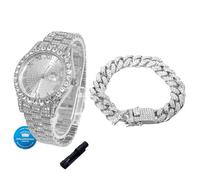 HALUKAKAH Reloj de Oro con Diamantes para Niños, Adolescentes, Chicos - Chapado en Platino, Esfera Redonda 42mm, Cuarzo Japonés - Longitud 20cm, con Cadena Cubana 18cm y Herramienta de Ajuste
