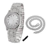 HALUKAKAH Reloj de Oro con Diamantes para Niños, Adolescentes, Chicos - Chapado en Platino, Esfera Redondo 39mm, Cuarzo Japonés - Longitud 19cm, con Cadena Cubana 40cm y Herramienta de Ajuste