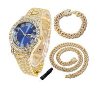 HALUKAKAH Reloj de Oro con Diamantes para Niños,Chicos - Chapado en Oro 18K,Esfera Azul 42mm,Cuarzo Japonés - Longitud 20cm,con Cadenas Cubana 18+40cm y Herramienta de Ajuste - para Cumpleaños