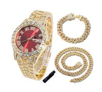 HALUKAKAH Reloj de Oro con Diamantes para Niños,Chicos - Chapado en Oro 18K,Esfera Rojo 42mm,Cuarzo Japonés - Longitud 20cm,con Cadenas Cubana 18+40cm y Herramienta de Ajuste - para Cumpleaños