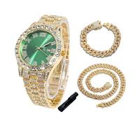 HALUKAKAH Reloj de Oro con Diamantes para Niños,Chicos - Chapado en Oro 18K,Esfera Verde 42mm,Cuarzo Japonés - Longitud 20cm,con Cadenas Cubana 18+40cm y Herramienta de Ajuste - para Cumpleaños