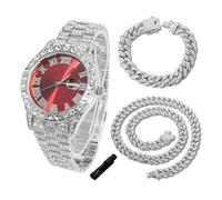 HALUKAKAH Reloj de Oro con Diamantes para Niños,Chicos - Chapado en Platino,Esfera Rojo 42mm,Cuarzo Japonés - Longitud 20cm,con Cadenas Cubana 18+40cm y Herramienta de Ajuste - para Cumpleaños