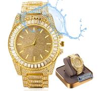 HALUKAKAH Reloj de Oro con Diamantes Premium para Hombre,Lujo Bañado en Oro Real de 18k,Impermeable,Esfera Brillante Starlight con Diamantes Cuadrados,Iced out,Pulsera 24cm,Caja de Regalo Incluida