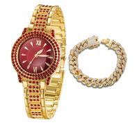 HALUKAKAH Reloj de Oro con Diamantes Rojos para Niños,Adolescentes - Chapado en Oro 18K,Esfera Redondo Rojo de 32mm,Cuarzo Japonés - Longitud 19.5cm - Viene con Cadena Cubana 18cm - para Cumpleaños